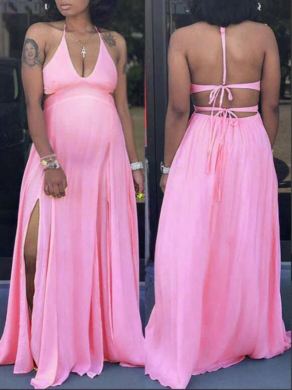 fotobeyou Pink V-neck Spaghetti Strap Halter Neck Backless Cami Slit Baby Shower Plus Size Maternity Maxi Dress