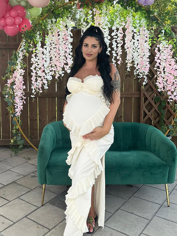 fotobeyou White Tulle Ruffle Side Slit Corset Cami Elegant Cocktail Party Maternity Maxi Dress
