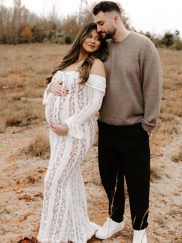 fotobeyou White Off Shoulder Lace Bandeau Tie Front Mermaid Bandage Going Out Photoshoot Maternity Maxi Dress