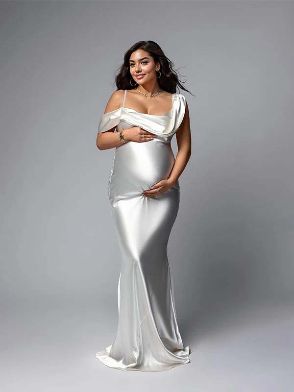 fotobeyou White One Off Shoulder Silk Satin Backless Mermaid Photoshoot Evening Gown Baby Shower Maternity Maxi Dress