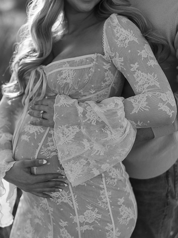 fotobeyou White Lace Corset Square Neck Flare Sleeve Off Shoulder Bodycon Elegant Cocktail Party Maternity Baby Shower Photoshoot Maxi Dress