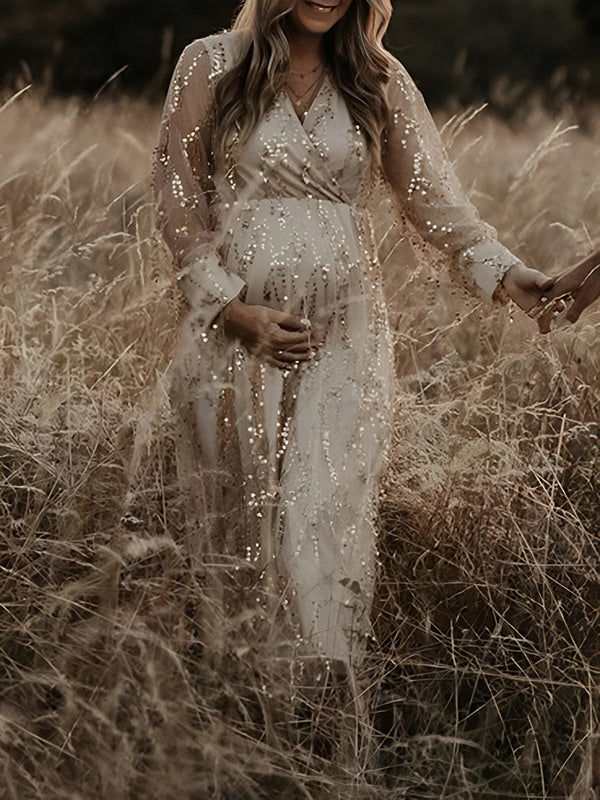 fotobeyou Apricot Sequin Tassel Tulle Ruched Cross Chest Multi Way Tie Back V-neck Elegant Boho Photoshoot Maternity Maxi Dress
