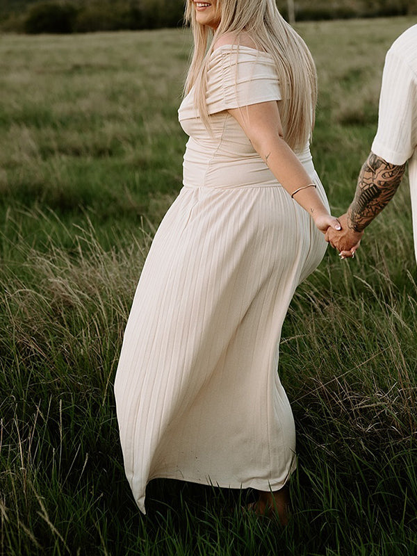 Apricot  Ruched Pleated Maternity Photoshoot Plus Size Maxi Dress