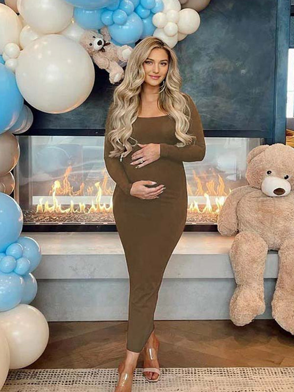 fotobeyou Coffee U neck Bodycon Daily Going out Baby Shower Maternity Photoshoot Maxi Dress