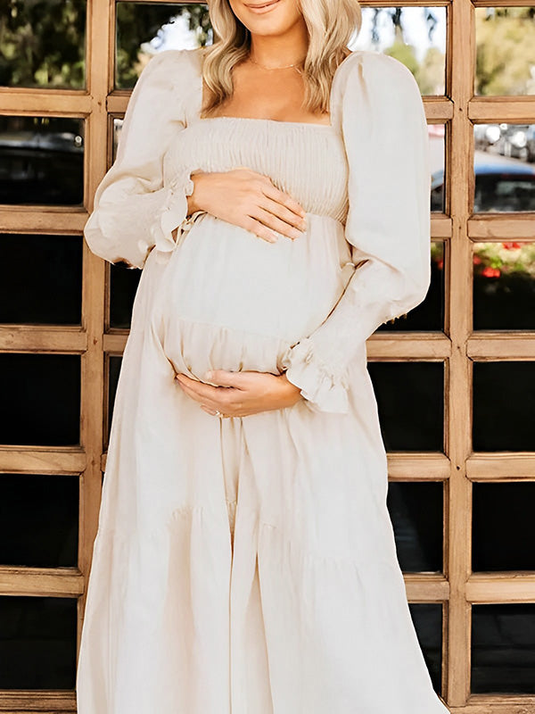 fotobeyou Ruffle High Waist Falbala Boho Flowy Long Sleeve Plus Size Baby Shower Maternity Photoshoot Midi Dress