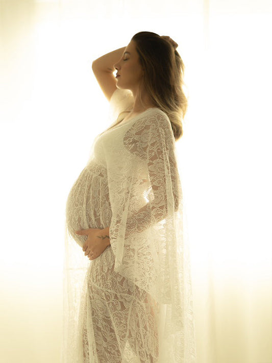 fotobeyou Floral Lace Backless Boho Baby Shower Flare Sleeve Pregnant Maternity Photoshoot Maxi Dress