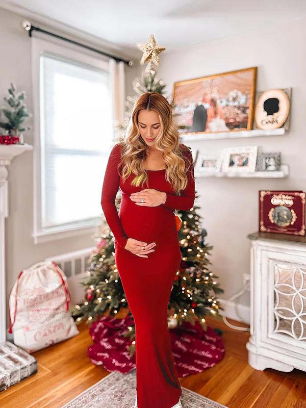 fotobeyou Burgundy Ruched Square Neck Bodycon Christmas Going Out Elegant Maternity Photoshoot Maxi Dress