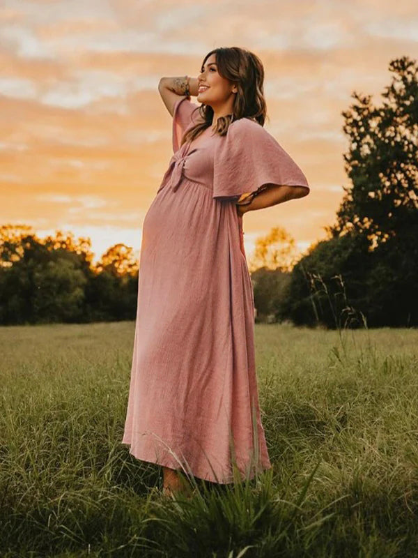 fotobeyou Bow Flutter Sleeve Solid V-neck Flowy Cute Gender Reveal Maternity Maxi Dress
