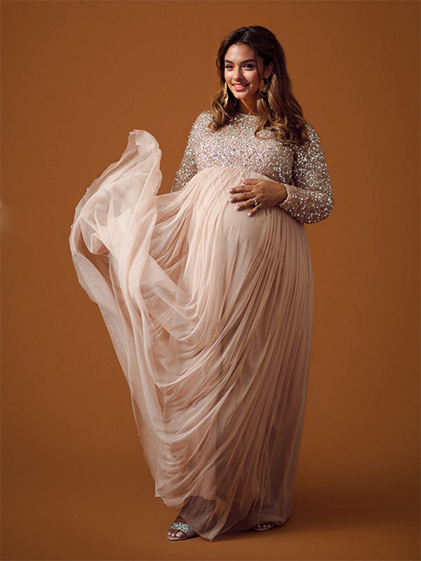fotobeyou Sequin Tulle Splicing Long Sleeve Party Gown Photoshoot Maternity Baby Shower Maxi Dress
