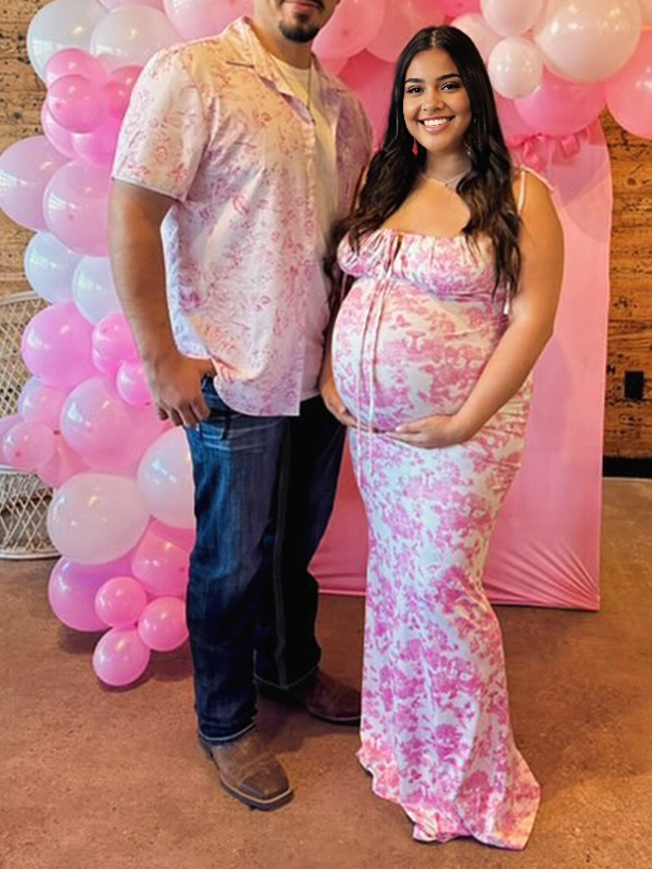 fotobeyou Pink Crushed Flower Spaghetti Strap lace-up Ruched Banquet Party Baby Shower Maternity Photoshoot Maxi Dress