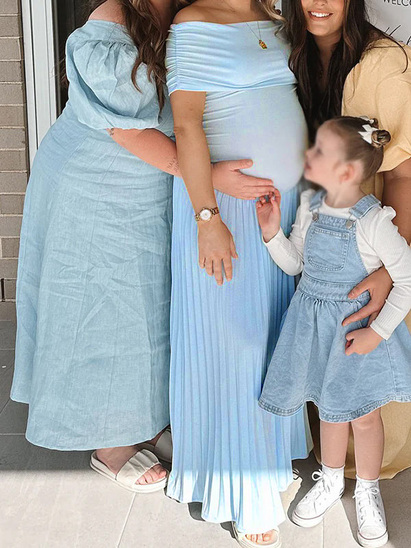 fotobeyou Solid Color Ruched Pleated Off Shoulder Big Swing Elegant Cocktail Party Maternity Photoshoot Baby Shower Maxi Dress