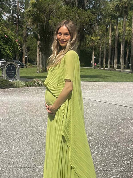 fotobeyou Light Green Pleated Batwing Sleeve Maternity Maxi Dress