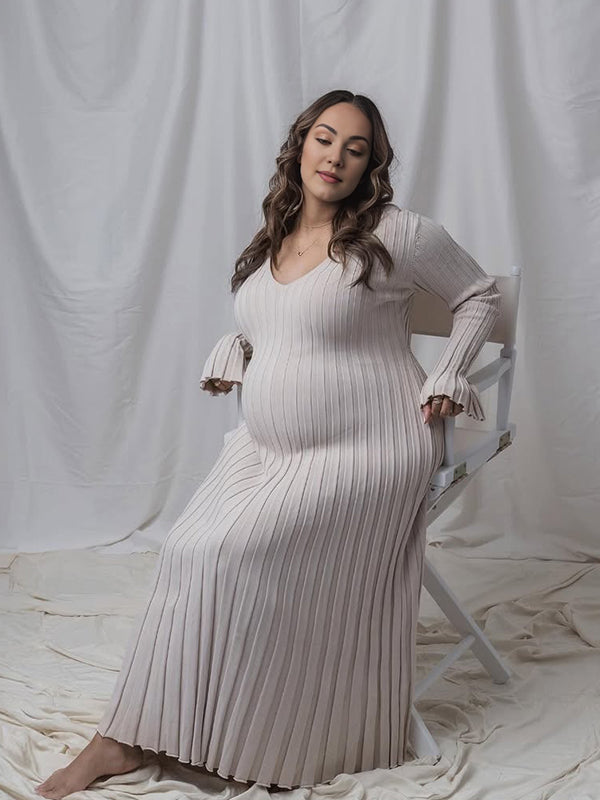 Knit Pleated Big Swing Maternity Photoshoot Sweater Maxi Dress