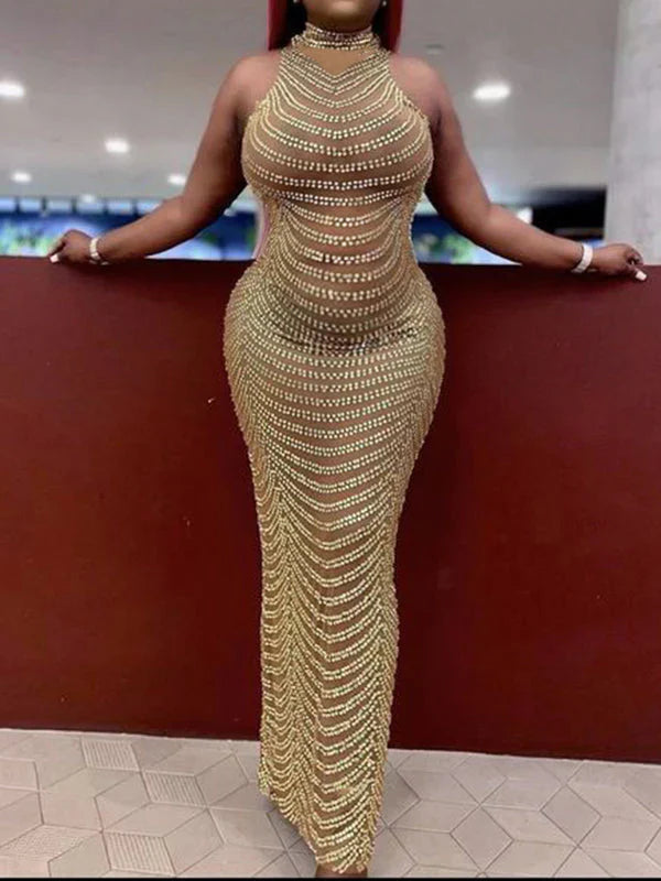 fotobeyou Gold Rhinestone Mesh Sleeveless Backless Photoshoot Bodycon Evening Plus Size Maternity Maxi Dress