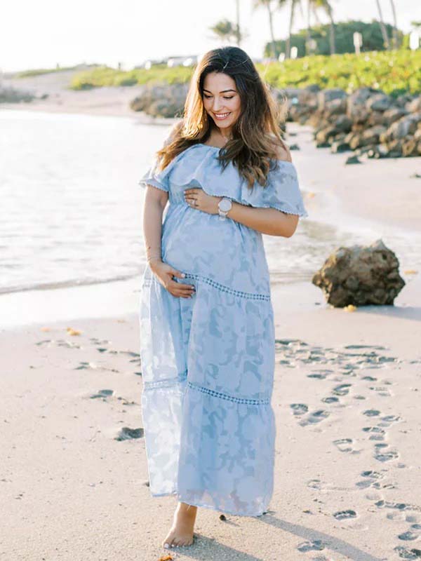 Light Blue Off Shoulder Lace Maternity Photoshoot Maxi Dress