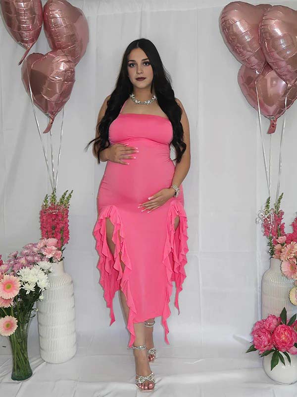 fotobeyou Rose Carmine Ruffle Slit Bodycon Fashion Party Photoshoot Babyshower Maternity Midi Dress