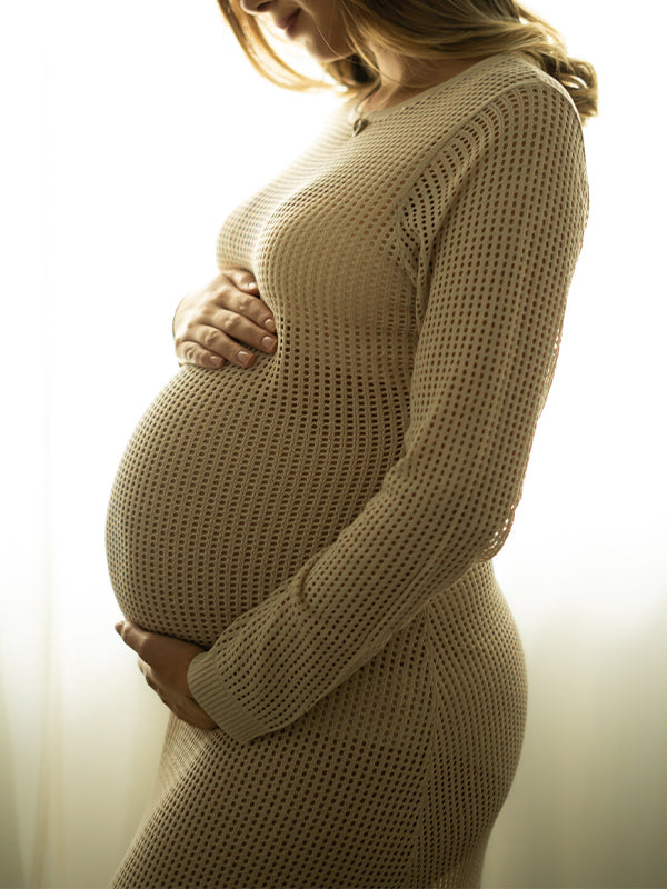 fotobeyou Beige Back Tie Knit Cut Out Flare Sleeve Elegant Photoshoot Baby Shower Maternity Maxi Dress