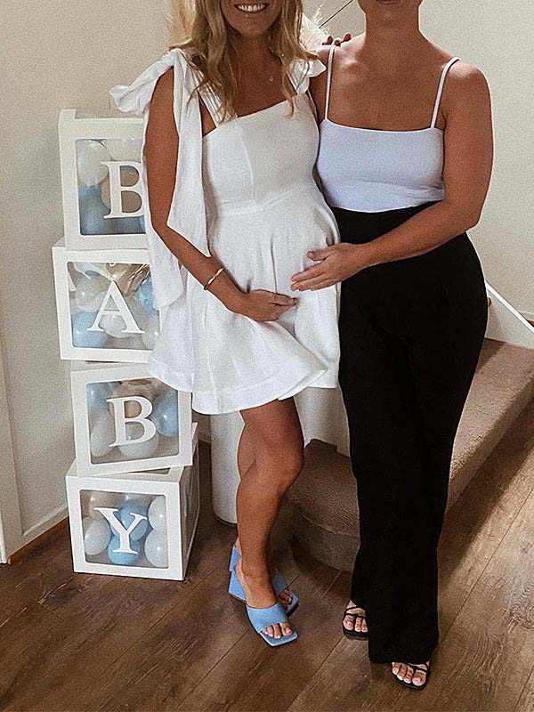 fotobeyou White Tie Bow Sleeveless Smocked Backless A-line Flowy Gender Reveal Baby Shower Maternity Mini Dress