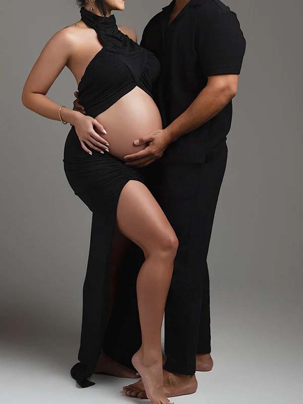 fotobeyou Side Slit Halter Neck Two Piece Maternity Photoshoot Maxi Dress