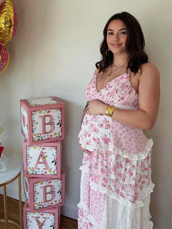 Pink Lace Floral Ruffle Baby Girl Shower Maternity Maxi Dress