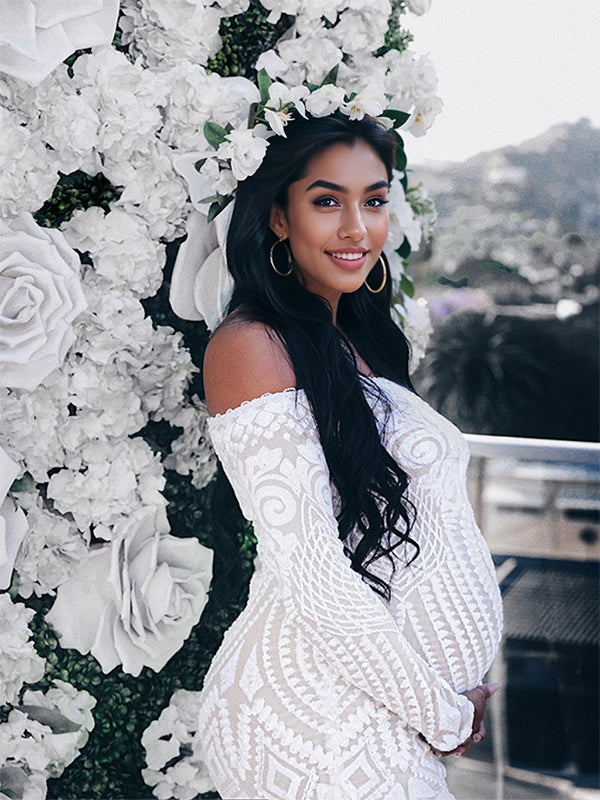 fotobeyou White Lace Sequin Off Shoulder Mermaid Bodycon Wedding Gown Baby Shower Elegant Foamal Maternity Photoshoot Maxi Dress