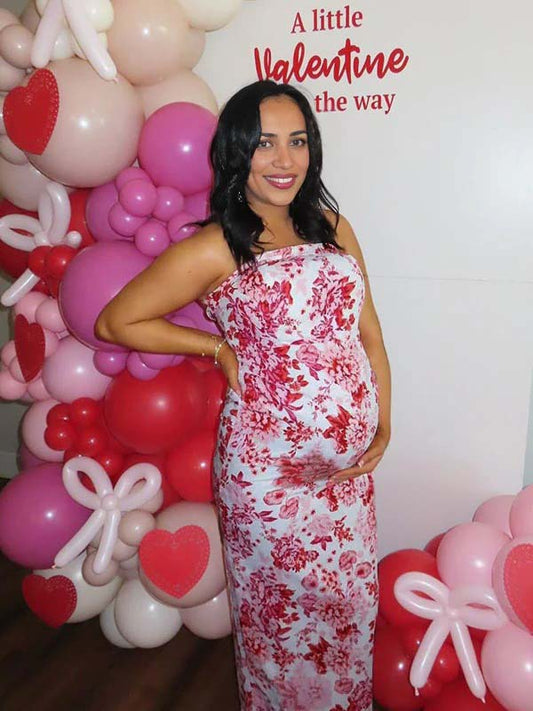 fotobeyou Red Strap Stamp Open Back Side Slit Banquet Baby Shower Maternity Photoshoot Maxi Dress