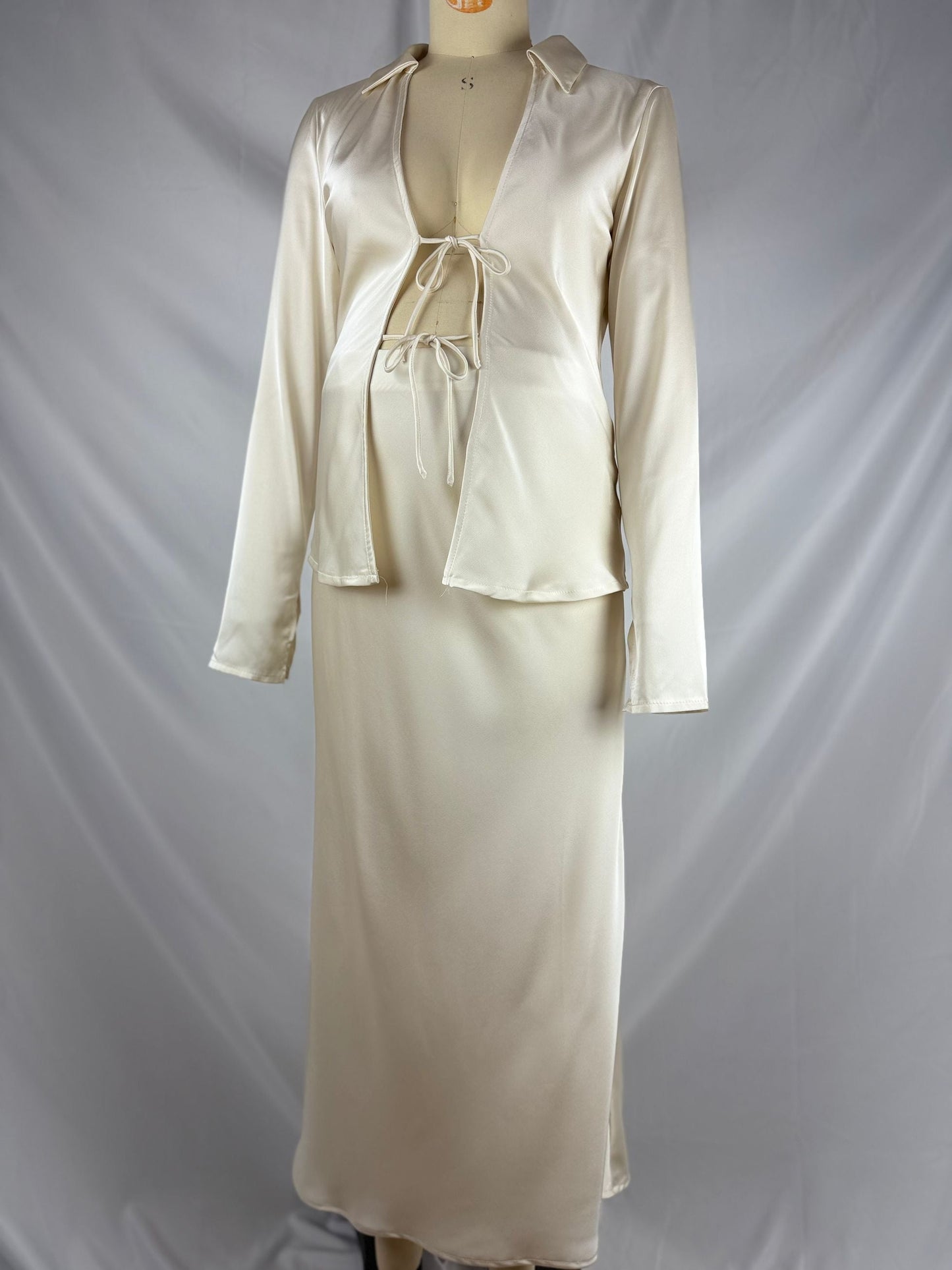 fotobeyou White Bowknot Turndown Collar Two Piece Imitation Satin Vacation Going Out Maternity Photoshoot Shirt