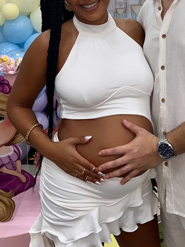 Fotobeyou White Halter Neck Backless Crop Maternity Baby Shower Mini Dress
