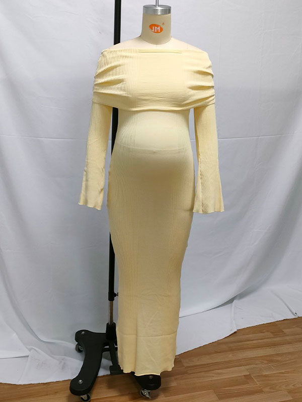 fotobeyou Yellow Knit Off Shoulder Flare Sleeve Mermaid Bodycon Elegant Vacation Photoshoot Baby Shower Maternity Maxi Dress