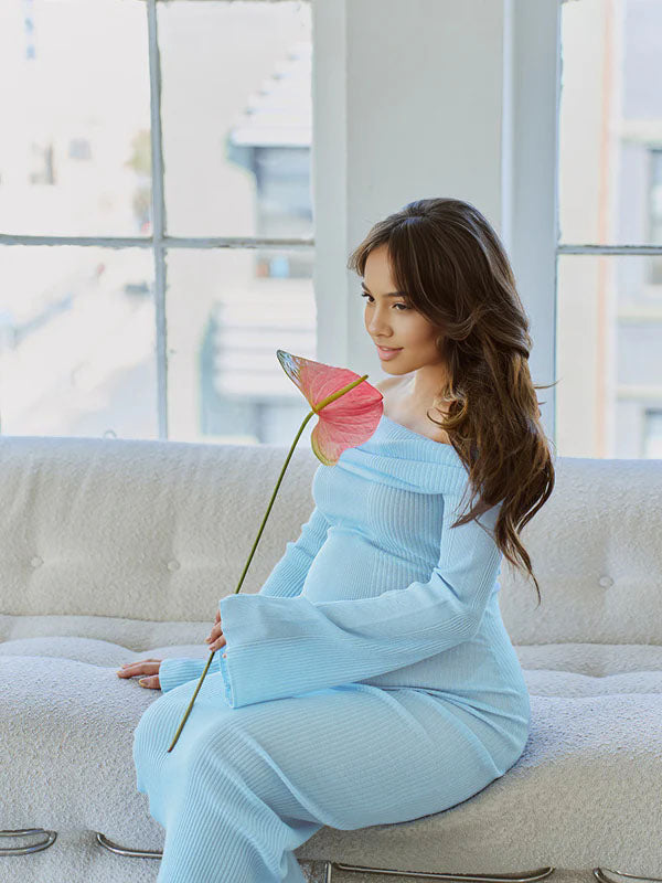 fotobeyou Blue Knit Ruched Off Shoulder Flare Sleeve Bodycon Elegant Cocktail Party Gown Maternity Photoshoot Baby Shower Maxi Dress