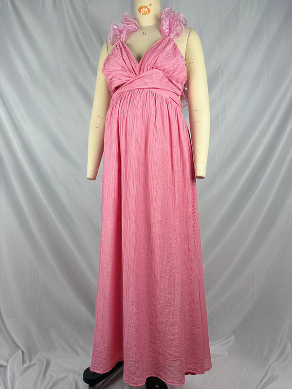 fotobeyou Pink Tulle Splicing Ruffle Pleated Tie Back V-Neck High Waist Cocktail Party Gowns Cute Baby Shower Maternity Maxi Dress