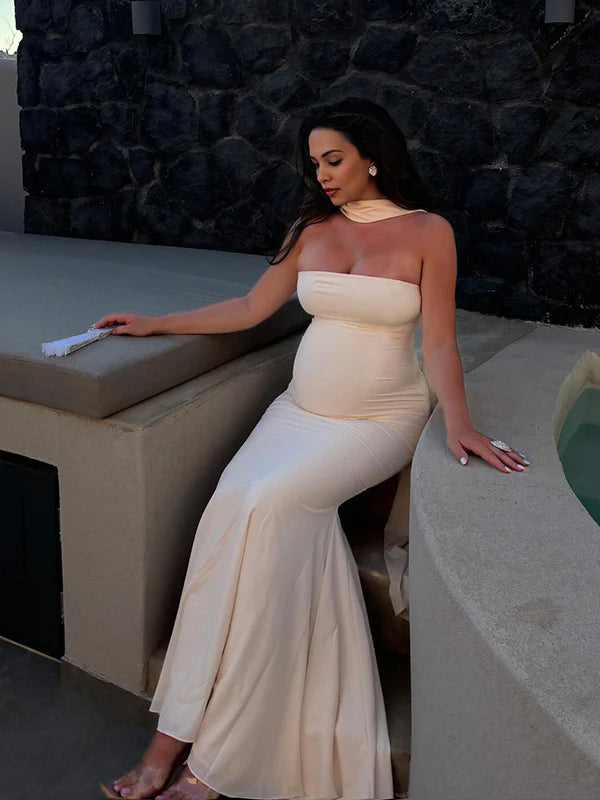 fotobeyou Ivory White Bandeau Strapless Mermaid Dress With Scarf Cocktail Maternity Maxi Dress