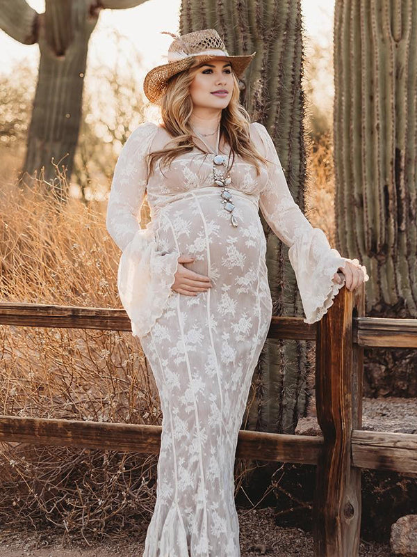 fotobeyou White Lace Corset Square Neck Flare Sleeve Plus Size Maternity Photoshoot  Maxi Dress