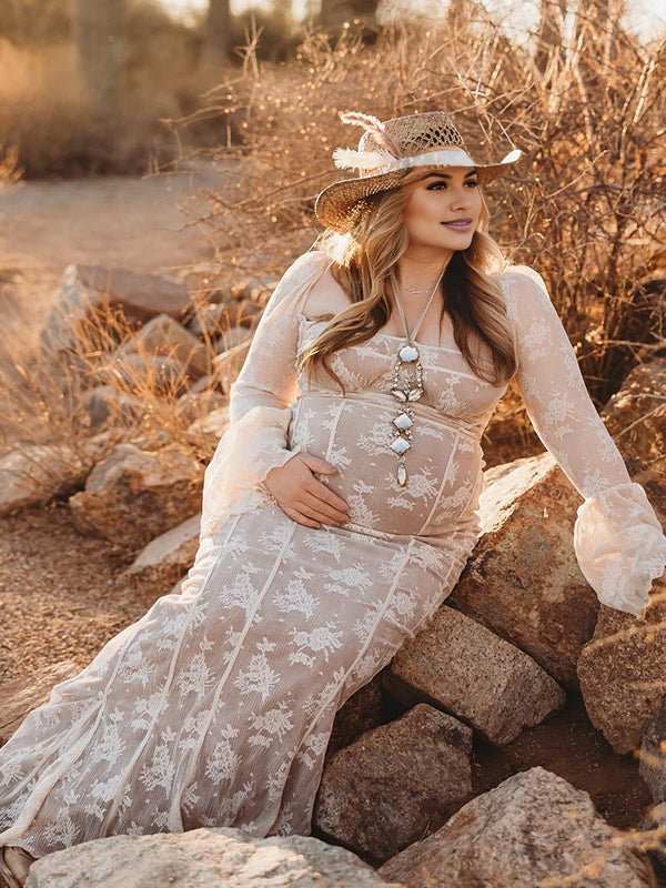 fotobeyou White Lace Corset Square Neck Flare Sleeve Plus Size Maternity Photoshoot  Maxi Dress