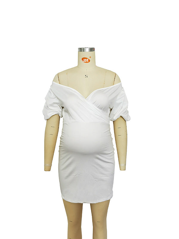 fotobeyou White Off Shoulder Backless V-Neck Lantern Sleeve Bodycon Party Cute Baby Shower Maternity Mini Dress