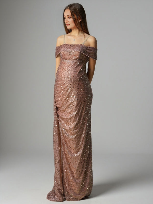 fotobeyou Sparkly Sequin Off Shoulder Side Slit Draped Evening Gown Maternity Photoshoot Elegant Baby Shower Party Maxi Dress
