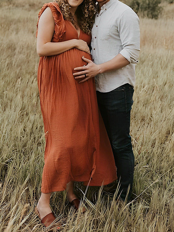 fotobeyou Single Breasted Drawstring Ruffle Tie Back Red Maternity Photoshoot Maxi Dress