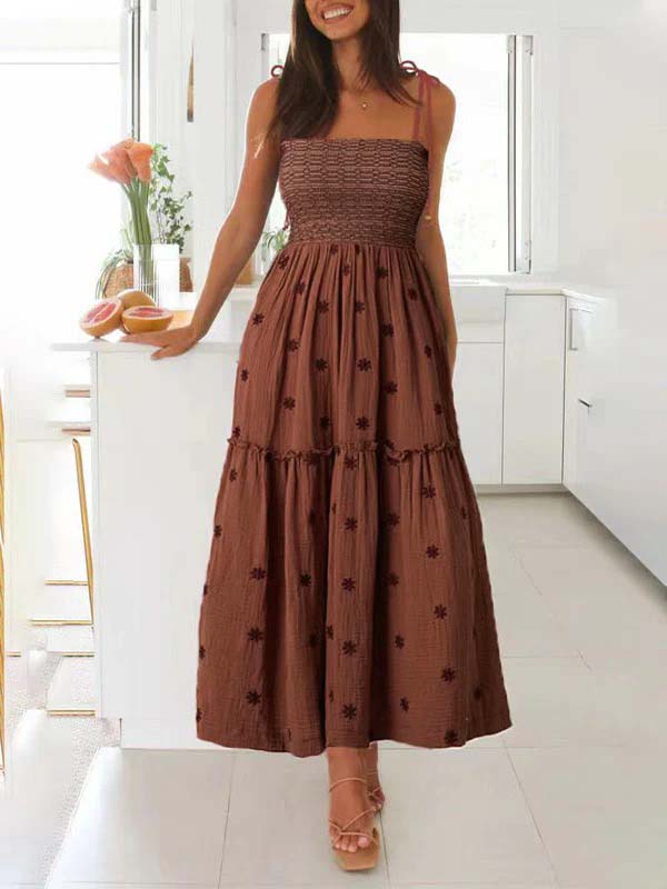 fotobeyou Lace-up Smocked Flowers Flowy Photoshoot Baby Shower Maternity Maxi Dress