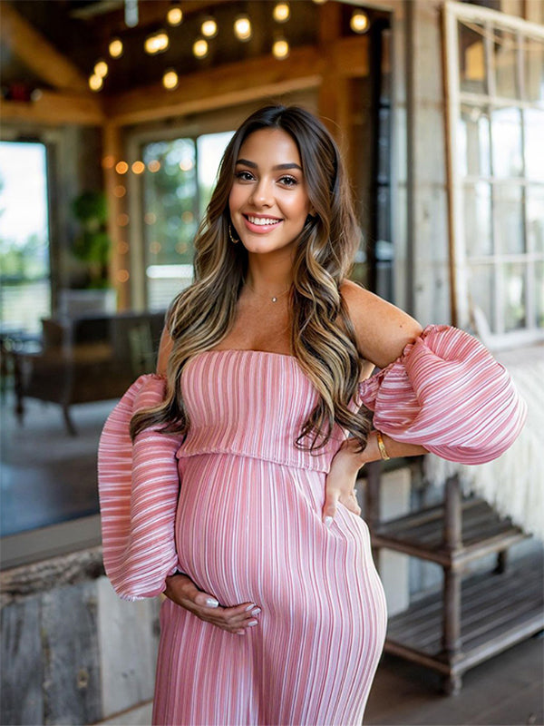 fotobeyou Pink Off Shoulder Bandeau Ribbed  Pleated Bodycon Puff Sleeve Evening Gown Baby Shower Maternity Maxi Dress