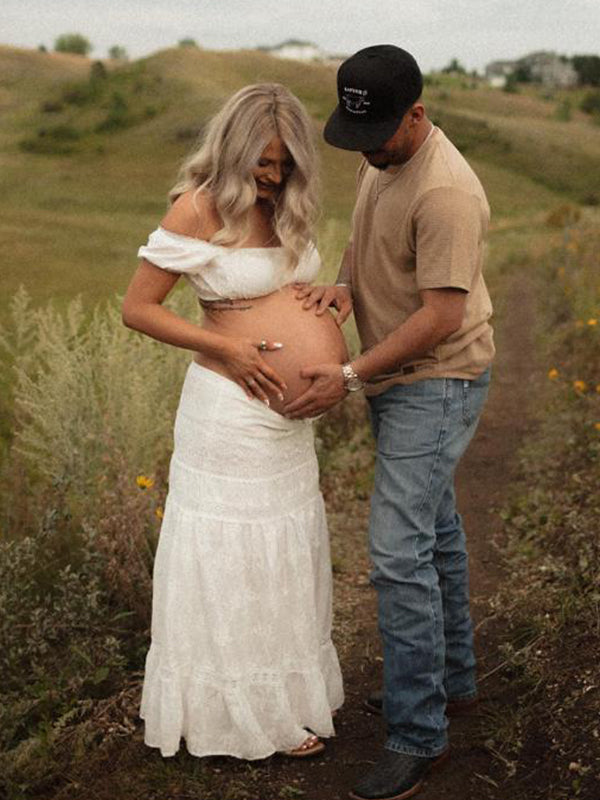 fotobeyou White 2-in-1 Lace Cut Out Off Shoulder Tie Elegant Flowy Vacation Photoshoot Maternity Maxi Dress