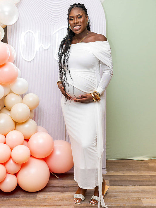 fotobeyou White Mesh Irregular Ruched Draped Off Shoulder Bodycon Elegant Cocktail Party Gown Maternity Photoshoot Baby Shower Maxi Dress