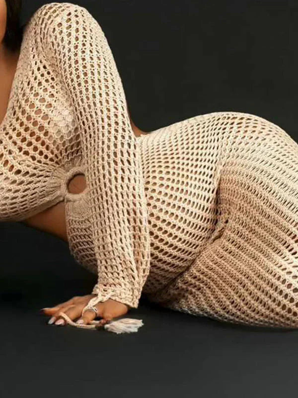 fotobeyou Apricot Knit Coverup Dress Mesh Bodycon Beach Hollow Out Midi Crochet Maternity Cut Out Dress