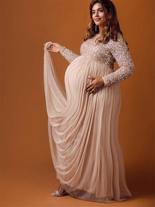fotobeyou Sequin Tulle Splicing Long Sleeve Maternity Gender Reveal Maxi Dress