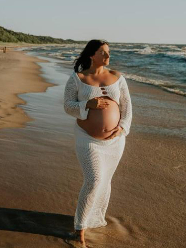 fotobeyou White 2 Piece Crochet Mesh Backless Flare Sleeve Bodycon Vacation Beach Photoshoot Baby Shower Maternity Maxi Dress