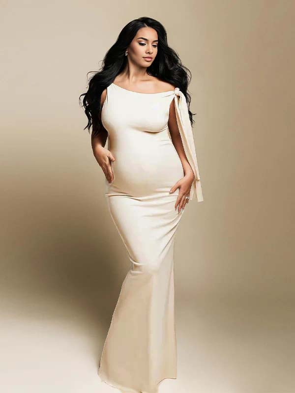fotobeyou Strap Ties One Shoulder Mermaid Bodycon Elegant Photoshoot Baby Shower Maternity Maxi Dress