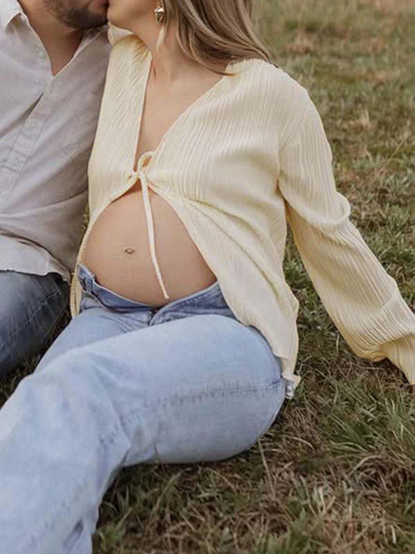 fotobeyou Beige lace-up Flare Sleeve Modern Fashion Maternity Photoshoot Blouse