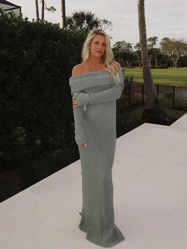 fotobeyou Off Shoulder Solid Color Mermaid Bodycon Elegant Photoshoot Maternity Maxi Sweater Dress