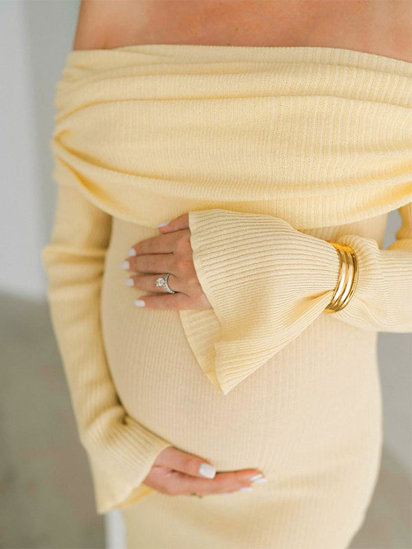 fotobeyou Yellow Knit Off Shoulder Flare Sleeve Mermaid Bodycon Elegant Vacation Photoshoot Baby Shower Maternity Maxi Dress