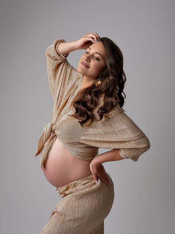 fotobeyou Khaki Buttons Pleat Bell Bottom Jeans Daily Two Piece Going out Maternity Photoshoot Homewear