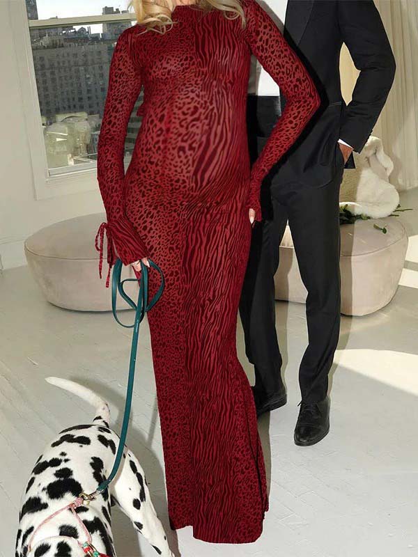 fotobeyou Red Leopard Backless Slit Flare Sleeve Sheer Bodycon Party Baby Shower Maternity Maxi Dress